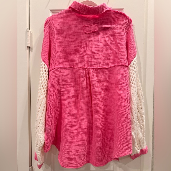 POL Pink Button-Down Shirt with Cream Crochet Sleeves. New No Tags Size L - Picture 8 of 8
